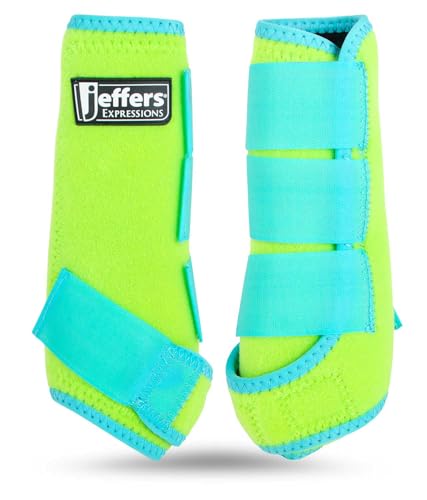 Jeffers Equine Neon Horse Boots – 1 Pair – Lime and Turquoise – Medium Size – Breathable Neoprene, Secure Strap Closures– Durable Protection for Front & Hind Legs, Training, Trail & Riding Use