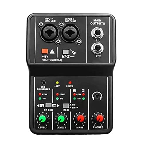Mini mixeur audio pour PC USB Mixeur 2 canaux Microphone/guitare XLR + 6,35 mm stéréo 3,5 mm en alimentation fantôme 48 V