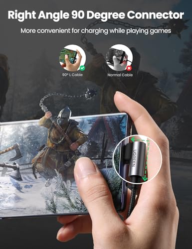 Image of UGREEN USB to USB C Cable 90 Degree USB C Fast Charging Cord Compatible with iPhone 17 /16 /16 Plus /16 Pro /16 Pro Max /15 /Samsung Galaxy S10 /S10+ /Pixel 9 /6a /LG G8 /G7 /Pixel /Switch, etc, 1.6FT (Pack of 2)