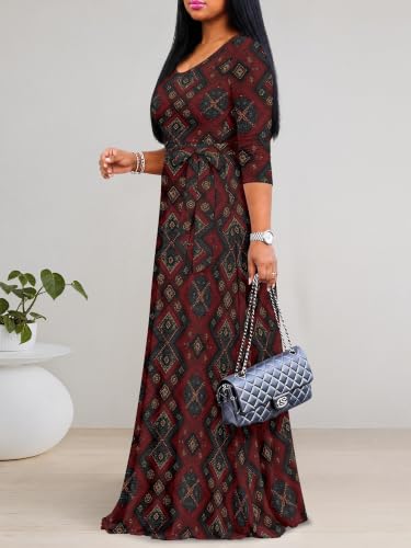 Image of PinkPatty Plus Size Maxi Dress for Women Casual V Neck 3 /4 Sleeve Boho Printed Long Dress with Pockets
