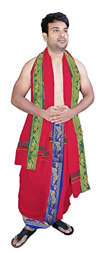 Image of TUNI MANI Men's Panchakacham Dhoti with Angavasthram Towel, Jari Border, 100% Cotton, Size: 9 X 5 (4.0mtr Dhoti, 2.25mtr Towel) (Unstitched)