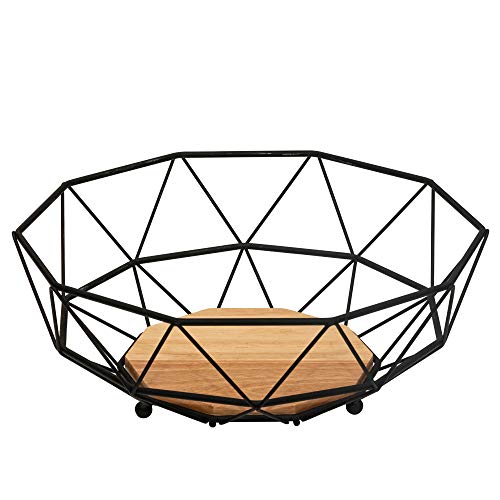 Rubberneck Corbeille à Fruits en Métal Noir avec Fond en Bois - Coupe à Fruits Moderne pour Votre Cuisine ou Votre Salon
