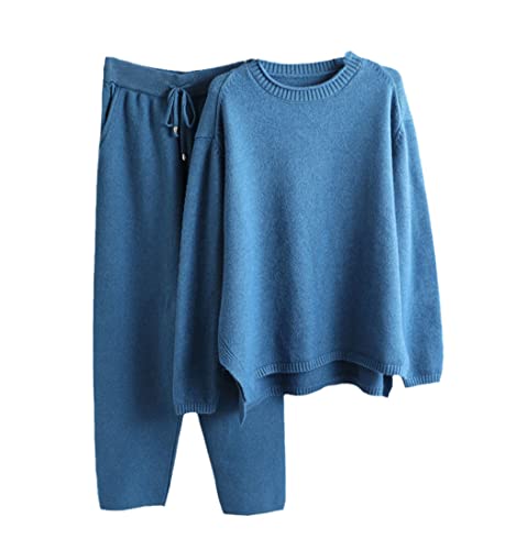Survêtement en tricot femme bleu ensemble pull col en O et pantalon chaud