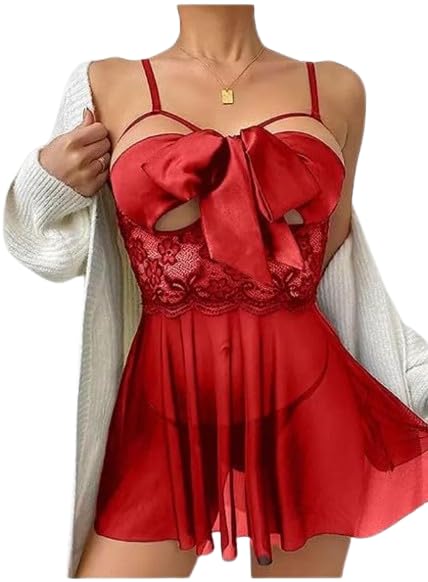Bunny BaeWomen's Floral Babydoll Sleepwear Lingerie Night Dress for Net Above Knee Length Lingerie
