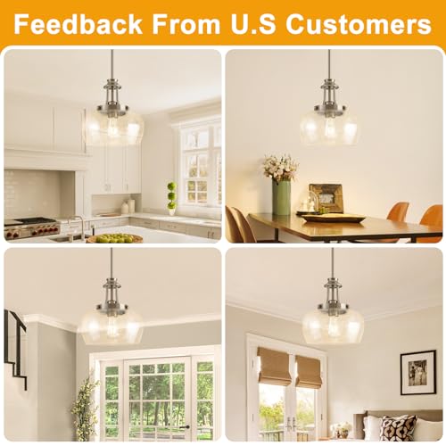 Image of Modern Pendant Lights Kitchen Island, Brushed Nickel Pendant Light Fixtures with 10 inch Clear Air Bubble Glass Shade, Industrial Hanging Pendant Lights Fixture for Kitchen Island Dining Room Entryway