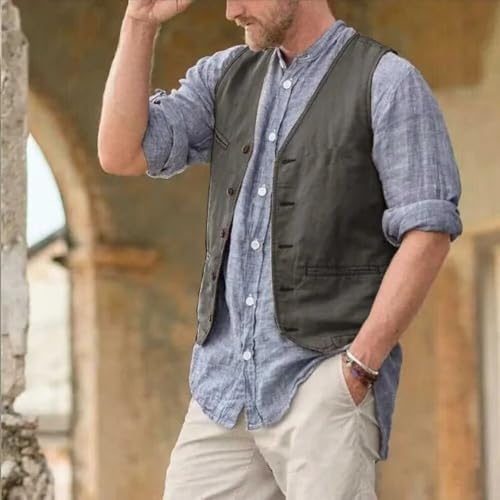 Men's Cotton Linen Suit Vest Regular Fit Vintage Dress Vest Summer Beach Wedding Casual Waistcoat for Party Groomsmen3