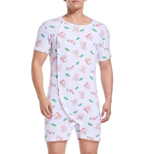 Mens Short Sleeve Onesie Bodysuit One Piece Pajamas Printed Jumpsuit Cotton Romper for Men