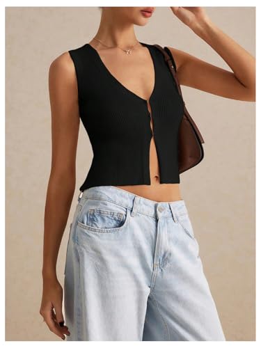 Image of GORGLITTER Women's Knit Top V Neck Sleeveless Button Down Sweater Vest