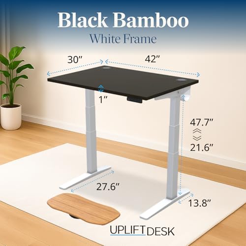 Image of UPLIFTDESK Black Bamboo (42 x 30 inch) Standing Desk 2-Leg V3 Adjustable Stand Up C-Frame (White), Advanced Keypad, Wire Grommets, Wire Tray, Rocker Board