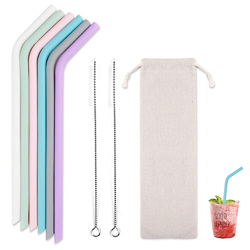 Reusable Silicone Straws - BPA Free, 6 Bendy Drinking Straws ＋ 1 Storage Bag ＋ 2 Straw Cleaning Brushes, Flexible Rubber Straws for Kids, Suitable for 30oz and 20oz Tumblers Smoothie Juice Milk