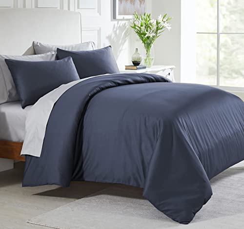Image of California Design Den Oversized King Duvet Cover Cotton Only - 400 Thread Count, 100% Cotton Sateen, Soft and Durable Bedding Duvet Cover, Button Closures, Corner Ties - Indigo Dusty Blue