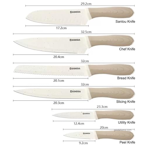Image of 12 Pieces Knife Set, 6 Knives with 6 Blade Guards, Granite Nonstick Ceramic Coated, Professional Chef Knife, Utility, Bread, Utility, Paring, for Home & Restaurant Use Wood Grain Handle, White (White)