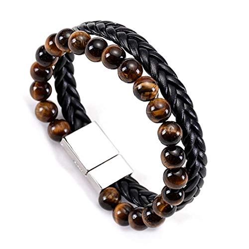 Image of Young & Forever Men's Genuine Braided Leather and Titanium Steel Bracelet | Bold Punk Tiger Eye Bead & Multi-Strand Wrist Bands | Vintage Nautical Clasp & Animal Head Hook Hook Kada Style Options