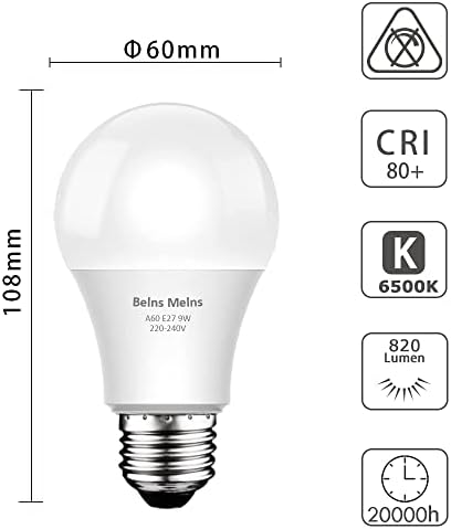 Belns Melns E27 LED Light Bulbs with Edison Screw Cap, 9W (Equivalent to 60W), 6500K Cool White - Pack of 5