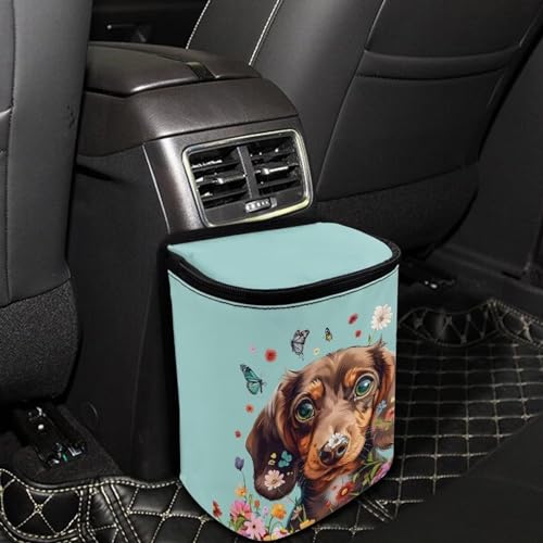 Image of Talayituse Dachshund Butterfly Daisy Print Car Trash Can Accessories Organizer Garbage Bag Dustbin Container with Lid Waste Basket Storage Pocket Hanging Large Size Vehicle Trash Bin