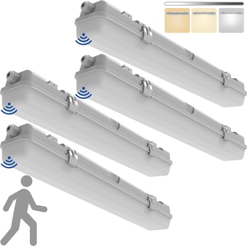 2FT Vapor Tight Light with Tri-Level Motion Sensor, IP65 IK08, 10W(1250lm)/20W(2500lm), 3/4/5000K CCT, 100-277V, Dimmable, Outdoor Waterproof Shop Light, Vapor Proof Lighting Fixture, FCC, 4-Pack