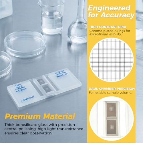 Image of Improved Neubauer Hemocytometer with Bright Line | Cell Counting Chamber with 2 Pcs Cover Glass Slips, Cell and Pollen Counting, Laboratory Factory Medical Use