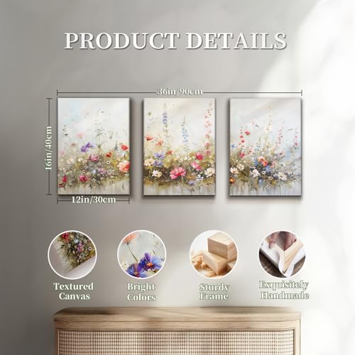 SERIMINO Nature Floral Botanical Wall Art Prints Aesthetic Farmhouse Decor, Misty Flowers Modern Home Decor Paintings, 3 Piece Canvas Wall Art for Living Room Bathroom Bedroom 12"X16"