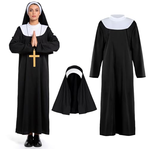 Disfraz de Monja Mujer Adulto, Disfraz de Halloween Aterrador para Mujer, Fancy Dress Costume con Gorro y Collar con una Cruz