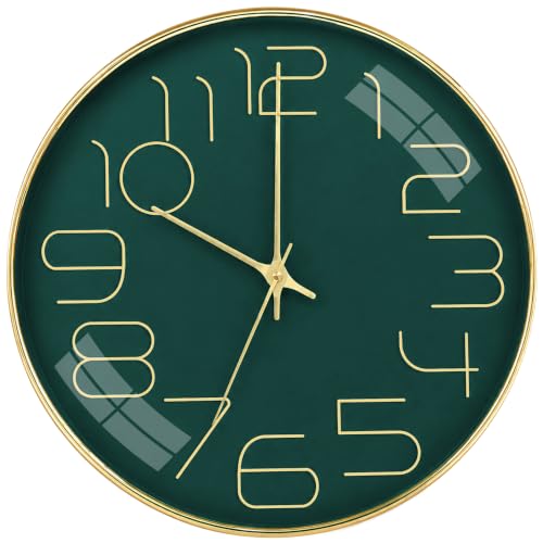 Image of TEKCOOL Plastic Digital Wall Clock 12 inch Silent Quartz Decorative Non-Ticking Classic Clock Battery Operated Round Easy to Read for Room /Home /Kitchen /Bedroom /Office /School-(Green Gold)'