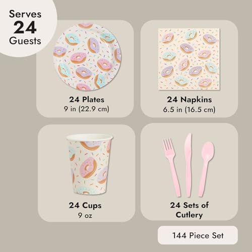 Juvale Donut Themed Party Decorations Kit - 144-Piece Pink Paper Set, Serves 24 - Donut Plates & Napkins, Cups & Cutlery - Sprinkle Party Decorations