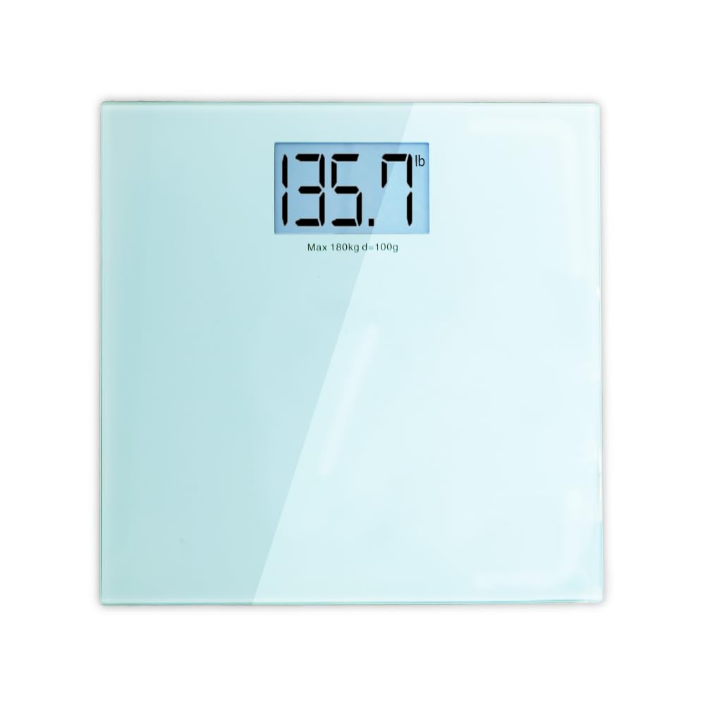 BV Medical Electronic Digital LCD Tempered Body Weight Bathroom Scale with High Capacity (397 lbs), Strain Sensors, Auto Shut-Off, Kg or Lbs, and Blue Backlight