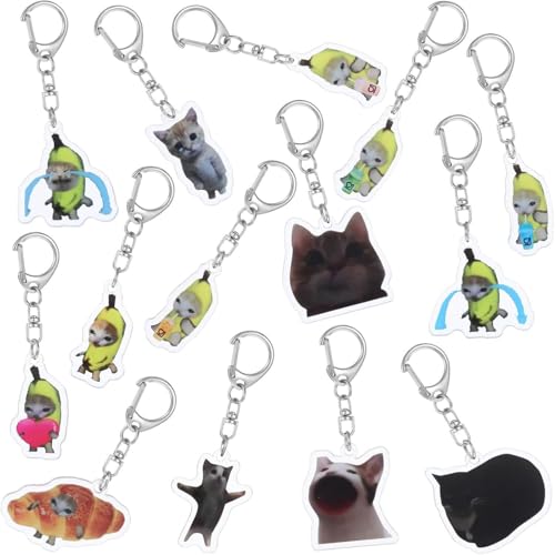 nicamaikoo-shop Gato Meme Llavero 14Pcs Lindo Gatos Happy Banana Llavero Kawaii Charm Divertido Internet Meme Accesorio