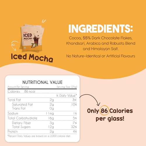 Image of Tiggle Iced Mocha Mix - 55% Dark Chocolate Flakes with Premium Coffee - Cold Mocha in 30 Sec - No Refined Sugar, Preservatives or Vegetable Oil - Rich & Chocolatey - Pack of 10 Sachets (25g Each)