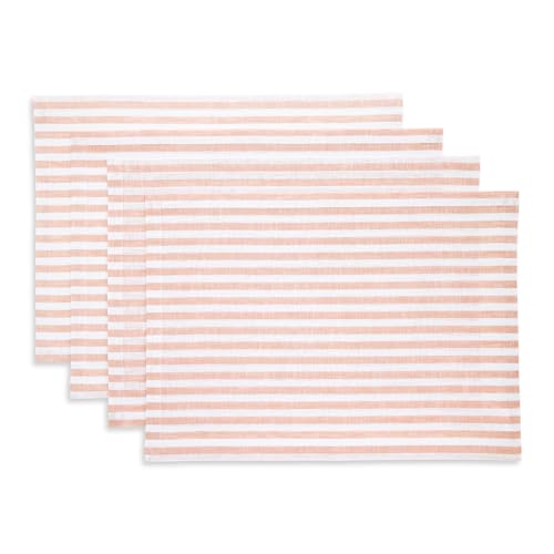 Image of Solino Home 100% Pure Linen Placemats, 14 x 19 in, Coral Striped, Set of 4 | Amalfi Stripe, define each seat for daily meals and dining, woven stripe, European flax fibres, soft, OEKO-TEX Certified