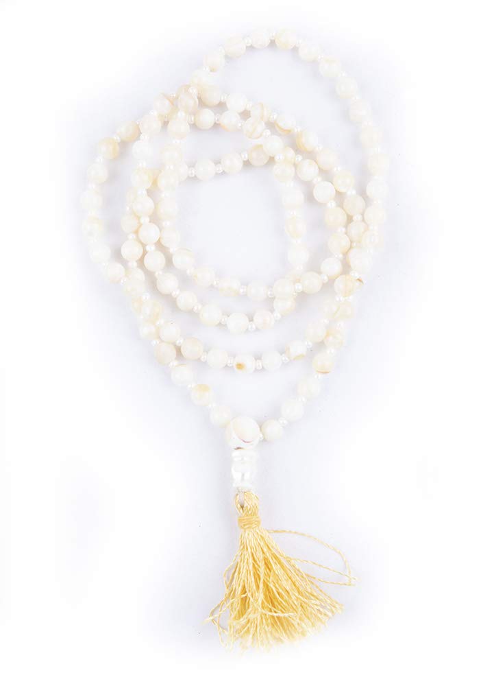 SOUL KARMAMother Of Pearl Moti Jaap Mala 108 Beads + Guru Bead For Positivity Calmness Reiki Healing Crystal Healing Astrology Chanting Chakra Healing For Men Women Children (Size 6 MM)