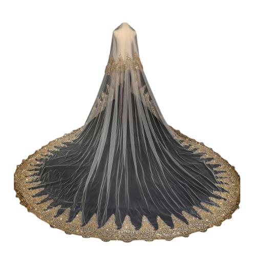 OPYTR Hochzeit Schleier Zwei Schichten 3M Golden Lace Long Wedding Veil , Brautschleier mit Kamm Ellenbogenlänge Cover