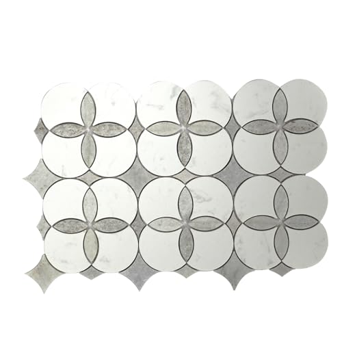 Anemone Flower Stone Mosaic 5 Sheets Mixed Color Italian Gray Marble Stone Kitchen Backsplash Water Jet Mosaic Flooring Tile Interior for Kitchen Backsplash Wall 4.65 sq. ft. (Natural White +Gray)