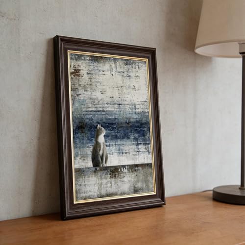 Toile chat regardant l'horizon abstrait gris-blanc : poésie et douceur murale