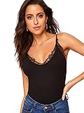 SheIn Women's V Neck Sleeveless Lace Trim Spaghetti Strap Slim Fit Camisole Cami Tank Top Black...