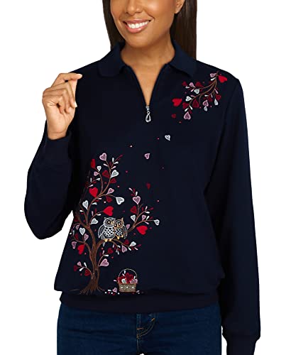 Alfred Dunner Women's Owl Embroidered Zip Collared Pullover Sweatshirt Size S Navy #TOP5