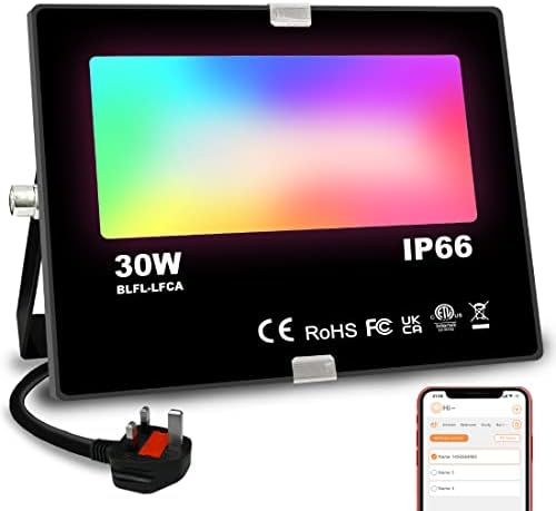 Jayool LED Floodlight Outdoor 300W Equivalent 3000LM, Smart RGB Flood Lights with APP, Colour Changing - Warm White 2700K - Timing - Scene- IP 66, UK 3-Plug, 1 Pack