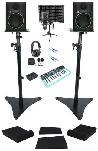 Audiosavings Bundle: Pair of Mackie CR5BT Speakers, Rockville RVSM5 Stands, RCM PRO Mic, PRO-M50 Headphones, ROCK-U MINI Interface, M25 Controller, Mic Shield, RRS190S Pads & RCTR106BL Cable (9 Items)