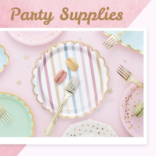 Image of Party Paper Plates, 50-Pack 9-Inch Bulk Disposable Decorative Paper Plates with Gold Scalloped Trim, Pastel Colors for Tea Party, Easter, Garden Party, and Bridal Showers, Gilded Candy Stripes