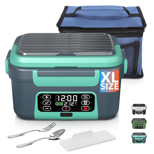 Omboos Cordless Electric Heated Lunch Box, XL 6.3Cups 20000mAh Rechargeable Food Warmer Lunch Box with Self Heating, Smart Timer, Adjustable Temperature, Leakproof, BPA Free, Removable Tray Divider