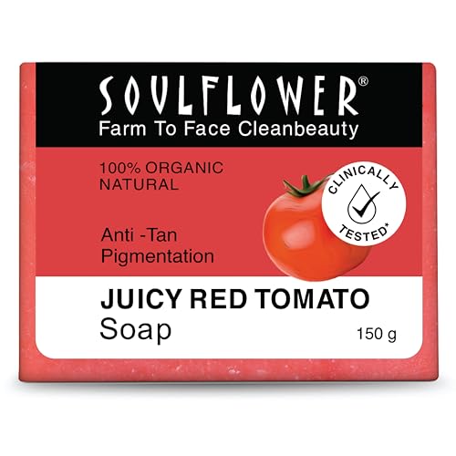 Image of Soulflower Tomato Soap Tan Removal, Skin Acne, Pimple, Blemishes, Fine Lines, Wrinkles | Handmade, Premium, Nautral, Bathing Soap | Tomato, Beetroot Extract, Olive Oil, Castor Oil, Vitamin E | 150g