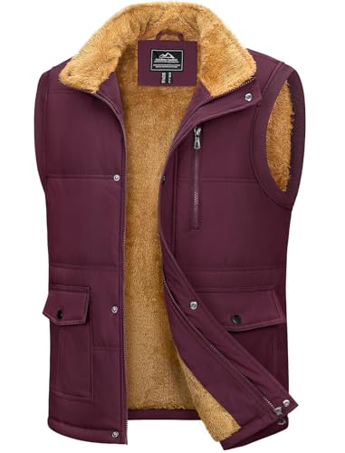 Image of MAGCOMSEN Men's Outerwear Vests Work Gilet for Mens Body Warmers Fleece Lined Thermal Gilets Winter Sleeveless Jackets Outdoor Hiking Working Outerwear Gilets, Wine Red