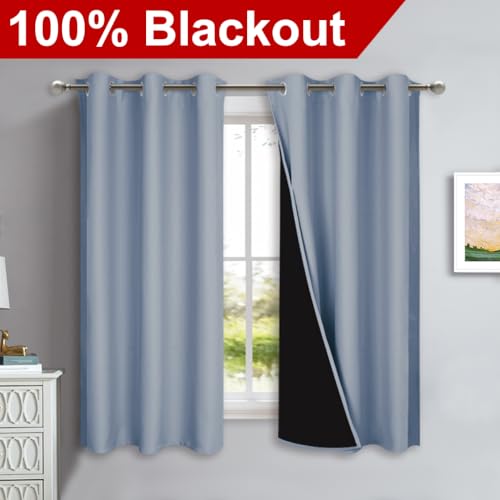Image of NICETOWN 100% Blackout Short Curtains with Black Liners, 2 Panels, 37 inch W by 50 inch L, Vintage Blue, Solid Thermal Insulated Full Blackout 2-Layer Lined Drapes, Energy Efficiency Window Drapes for Bedroom