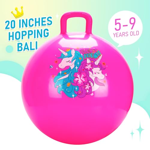 U&C Planet Hopper Ball 20 inches Bouncy Ball with Handle for Kids Age 5 6 7 8 9, Sit on Bounce Jumping Hopping Toy with Pump, Great Toddler Girls Toys for Birthday Gifts, Pink Unicorn by U&C Planet - Image 5