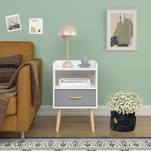 Image of extrasleep White Wooden Nightstand with Fabric Drawer, 2-Tier Modern Storage End Table, 25 inch H Wood Bedside Table with Storage, Small Night Stand for Kids Room Nursery Playroom Bedroom