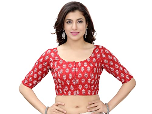 Madhu Fashion Womens Cotton Printed Readymade Saree Blouse (Red, 34)