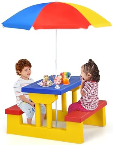 DORTALA Kids Picnic Table, Outdoor Toddler Table and Bench Set with Removable Umbrella, Plastic Kids Activity Table Set for Backyard, Garden, Nursery, Gift for Boys Girls Age 3+, Colorful