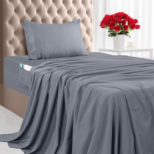 Utopia Bedding Twin XL Sheet Set, Soft Microfiber 3 Piece Hotel Luxury Bed Sheets for Women, Men, Kids & Teens with Side Storage Deep Pocket Fitted Sheet - Pillow Cases - Flat Sheet (Grey)