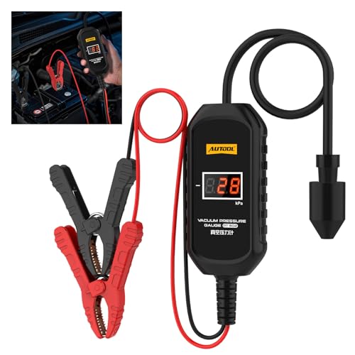AUTOOL PT502 Digital Vacuum Pressure Gauge, Automotive Vacuum Leak Tester with Temperature Compensation, 101kPa High Accuracy Engine Intake Exhaust EGR Diagnostic Tool, 12V Car Powered