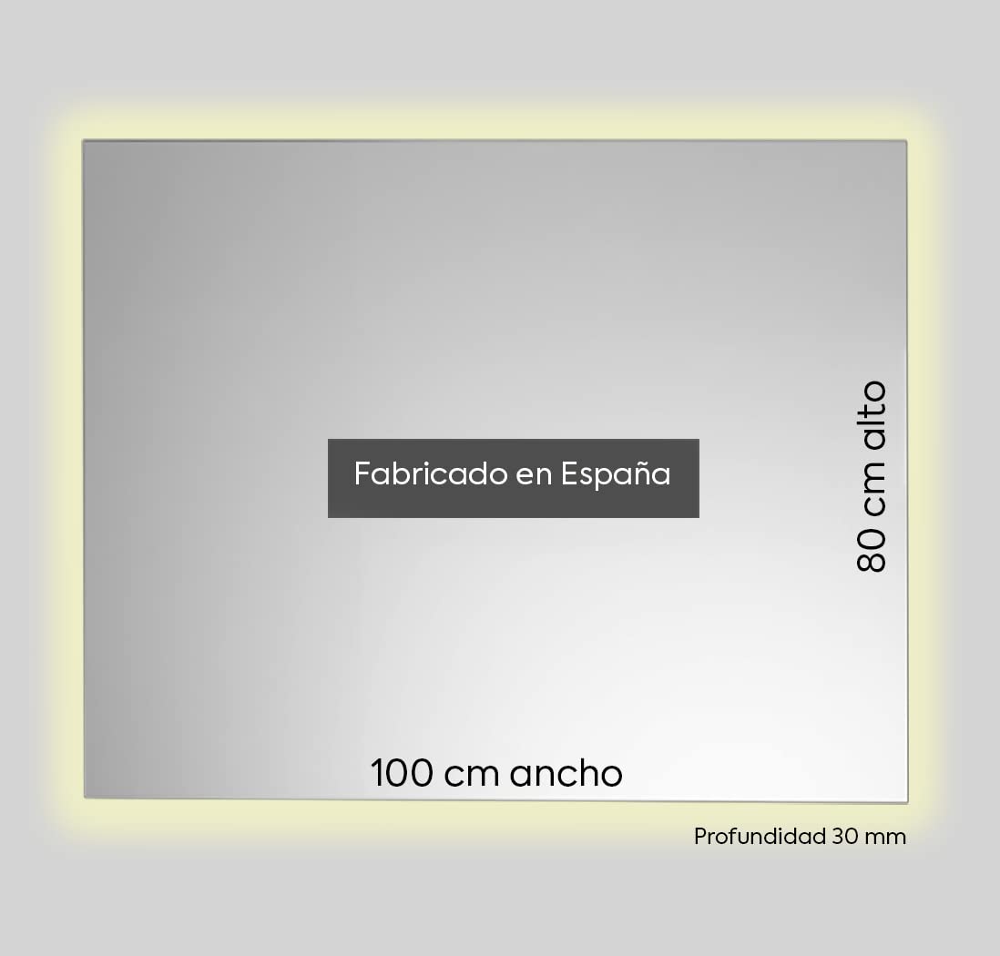 Espejo Baño con Luz Cálida 80x100 cm Estel | Espejo Baño Led Retroiluminado con Antivaho | Vidrio Resistente 4 mm, Plata Ecológica sin Cobre | Montaje Horizontal o Vertical | Diseño Moderno