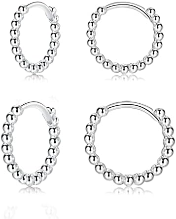 Silver Hoops Earrings for Women| 3 Pairs Small Sterling Silver Post Beaded Huggie Earrings| Hypoallergenic Tiny Cartilage Sleeper Cuff Jewelry for Men Ladies Girls, 8mm 10mm 12mm